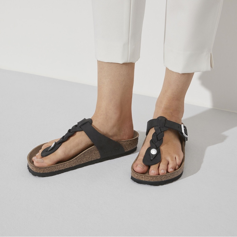 NWT BIRKENSTOCK SANDAL GIZEH BLACK BRAIDED THONG IN OILED LEATHER WOMENS 8